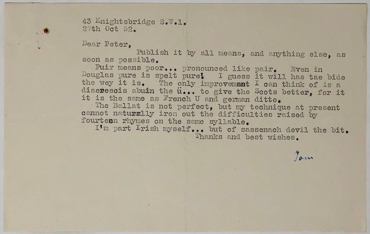 Four Typed Letters, signed, to Peter Russell.