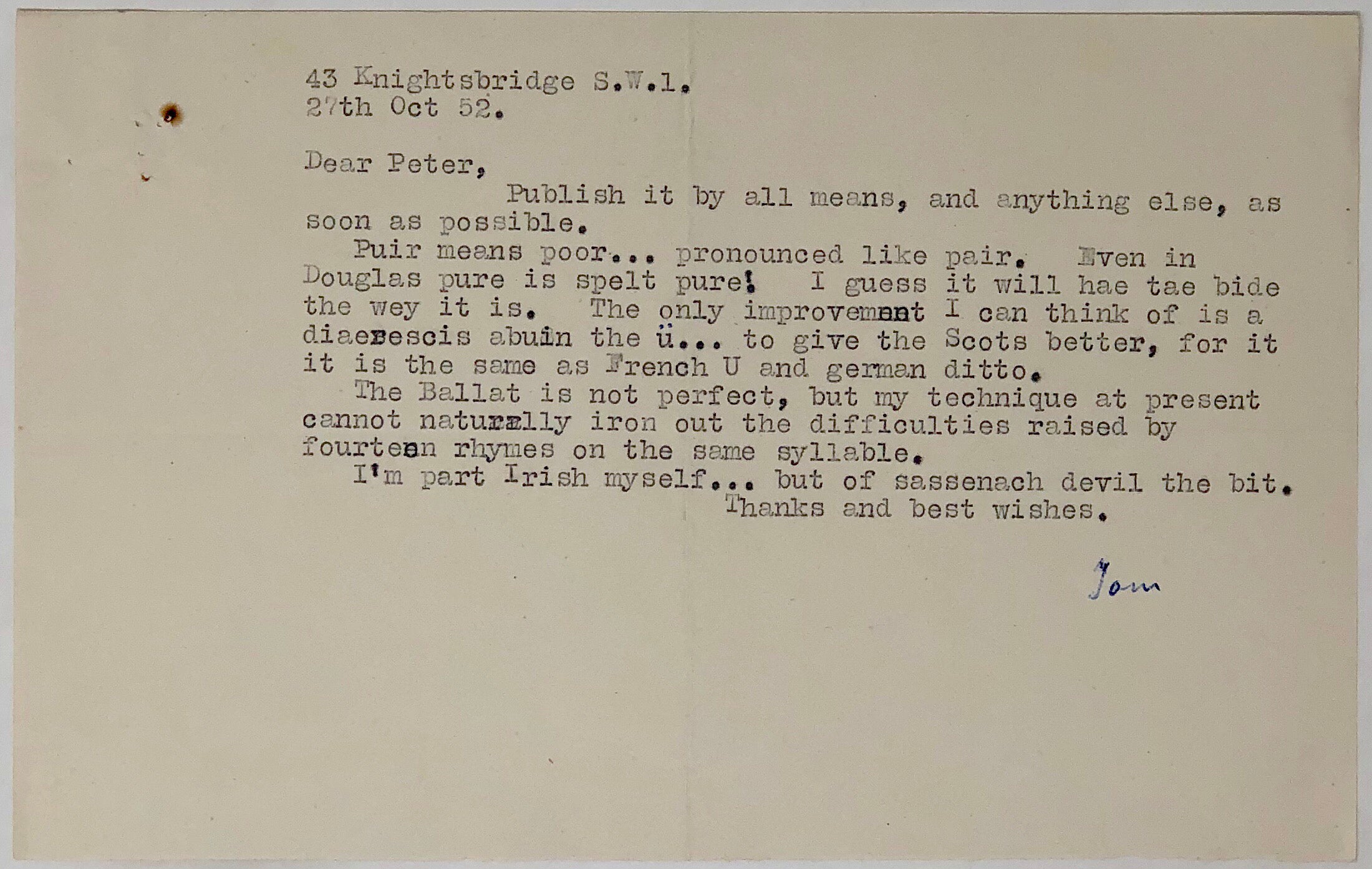 Four Typed Letters, signed, to Peter Russell.