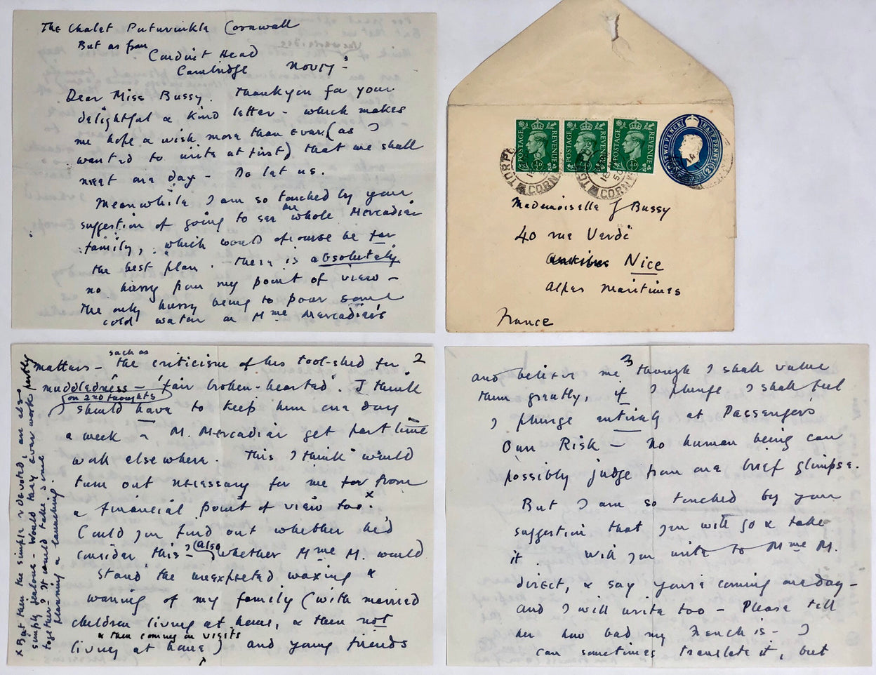 Two Autograph Letters, signed, to Jane Bussy [addressed to her in Nice].