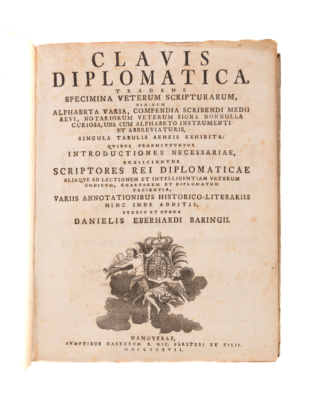 Clavis diplomatica, tradens specimina veterum scripturarum, nimirum alphabeta varia, compendia scribendi medii aevi, notariorum veterum signa nonnulla curiosa, una cum alphabeto instrumenti et abbreviaturis, singula tabulis aeneis exhibita. Hanover, heirs