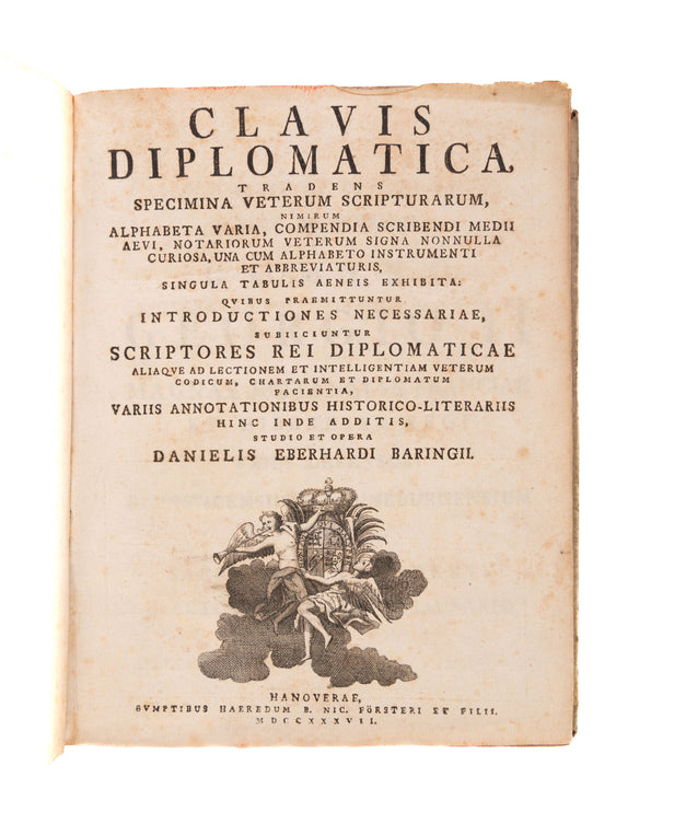 Clavis diplomatica, tradens specimina veterum scripturarum, nimirum alphabeta varia, compendia scribendi medii aevi, notariorum veterum signa nonnulla curiosa, una cum alphabeto instrumenti et abbreviaturis, singula tabulis aeneis exhibita. Hanover, heirs