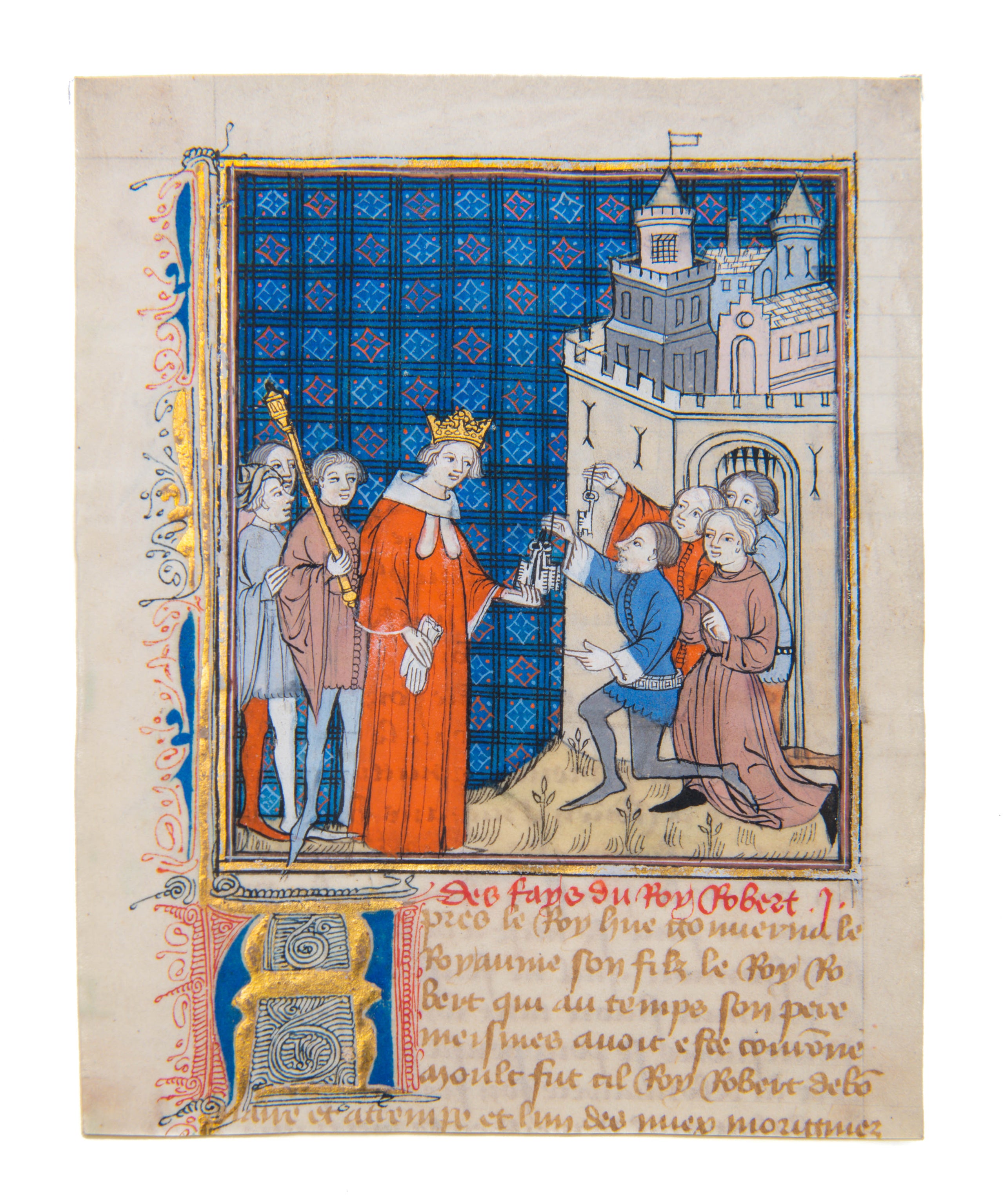 King Robert II of France accepts the surrender of Melun, an illuminated miniature on vellum from the Grandes Chroniques de France.   
[Paris, c.1400-1410]