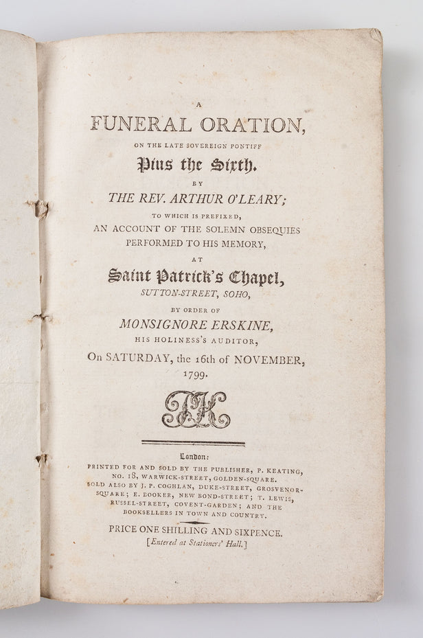 A Funeral Oration on the late sovereign pontiff Pius the Sixth.
