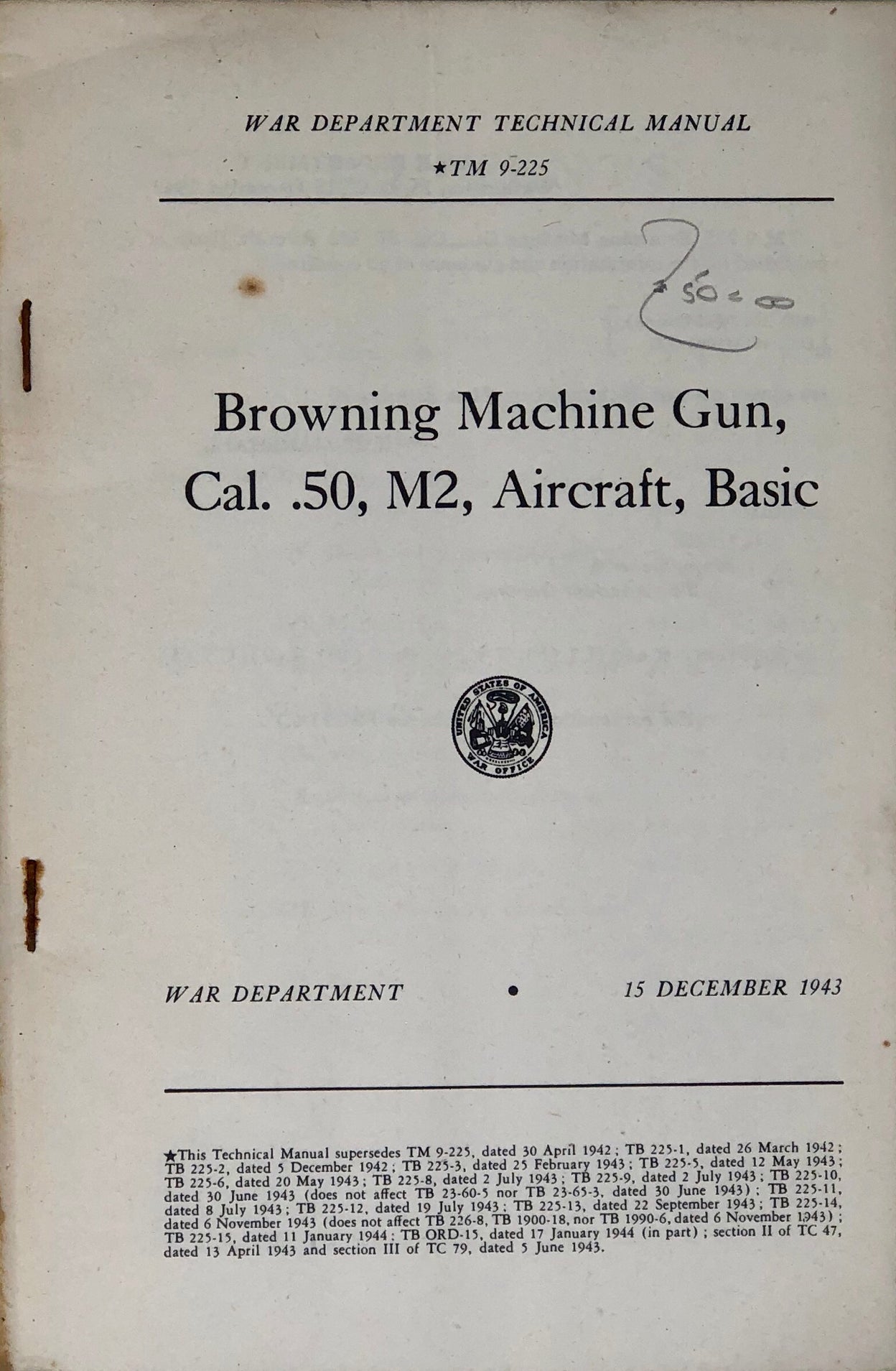 Browning Machine Gun, Cal. .50, M2, Aircraft, Basic.