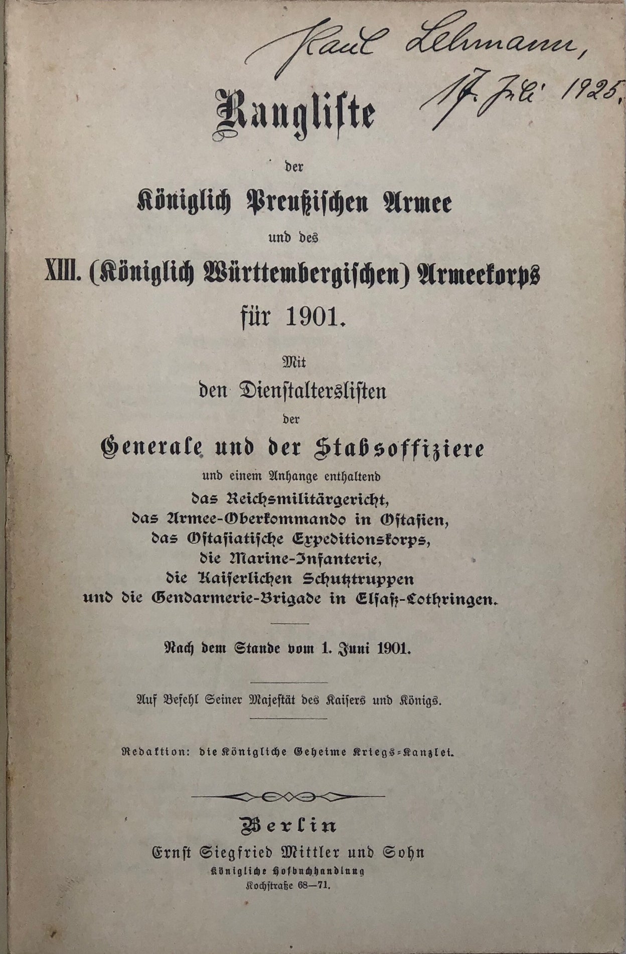 Rangliste der Königlich Preußischen Armee und des XIII (Königlich Württembergischen ) Armeekorps für 1901...