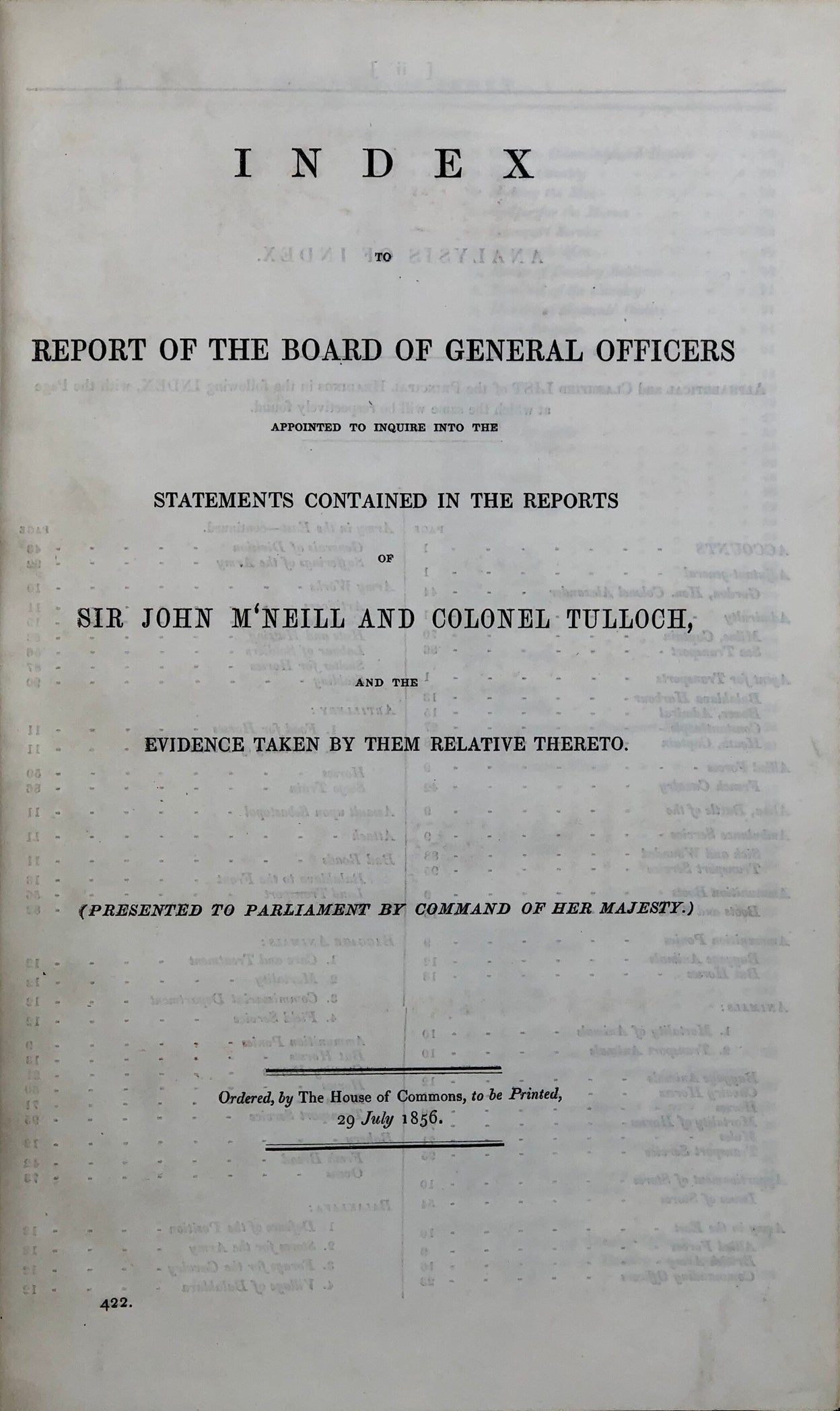 Index to Report of the Commission of Inquiry into the Supplies of the British Army in the Crimea,