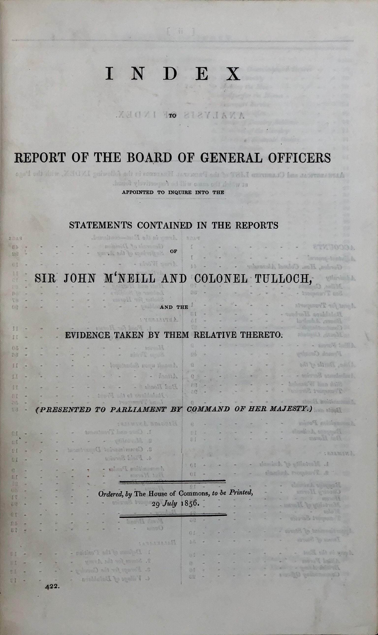 Index to Report of the Commission of Inquiry into the Supplies of the British Army in the Crimea,