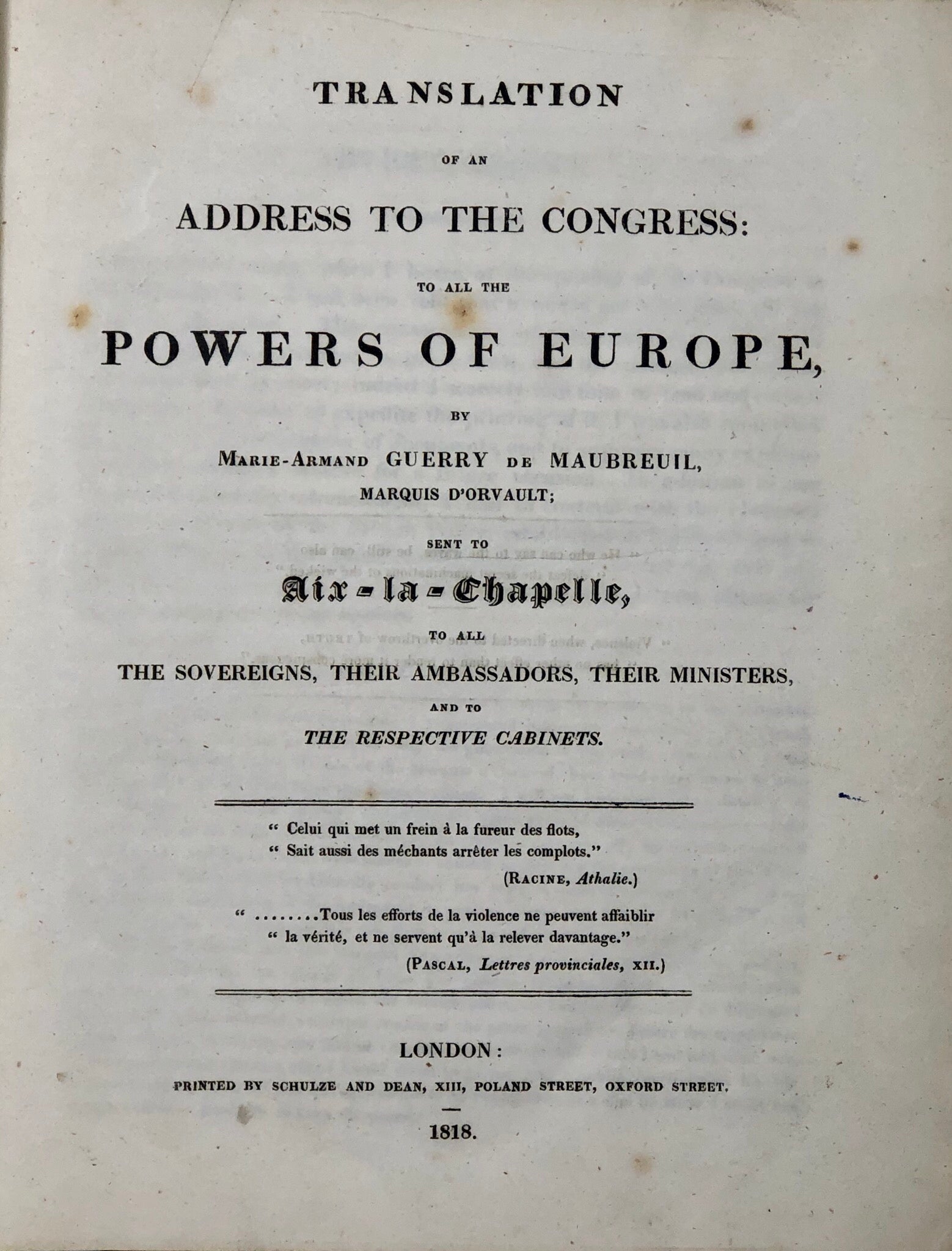 Translation of an Address to the Congress: To all the Powers of Europe,