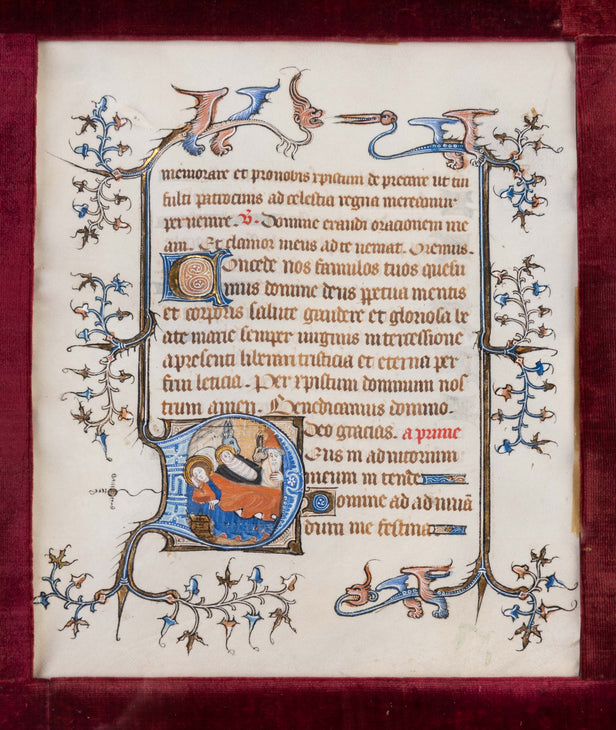 The Nativity, historiated initials on a leaf from an early Book of Hours, in Latin and French, illuminated manuscript on vellum [Northern France (Picardy, Noyon?), 14th century (c. 1370s)]