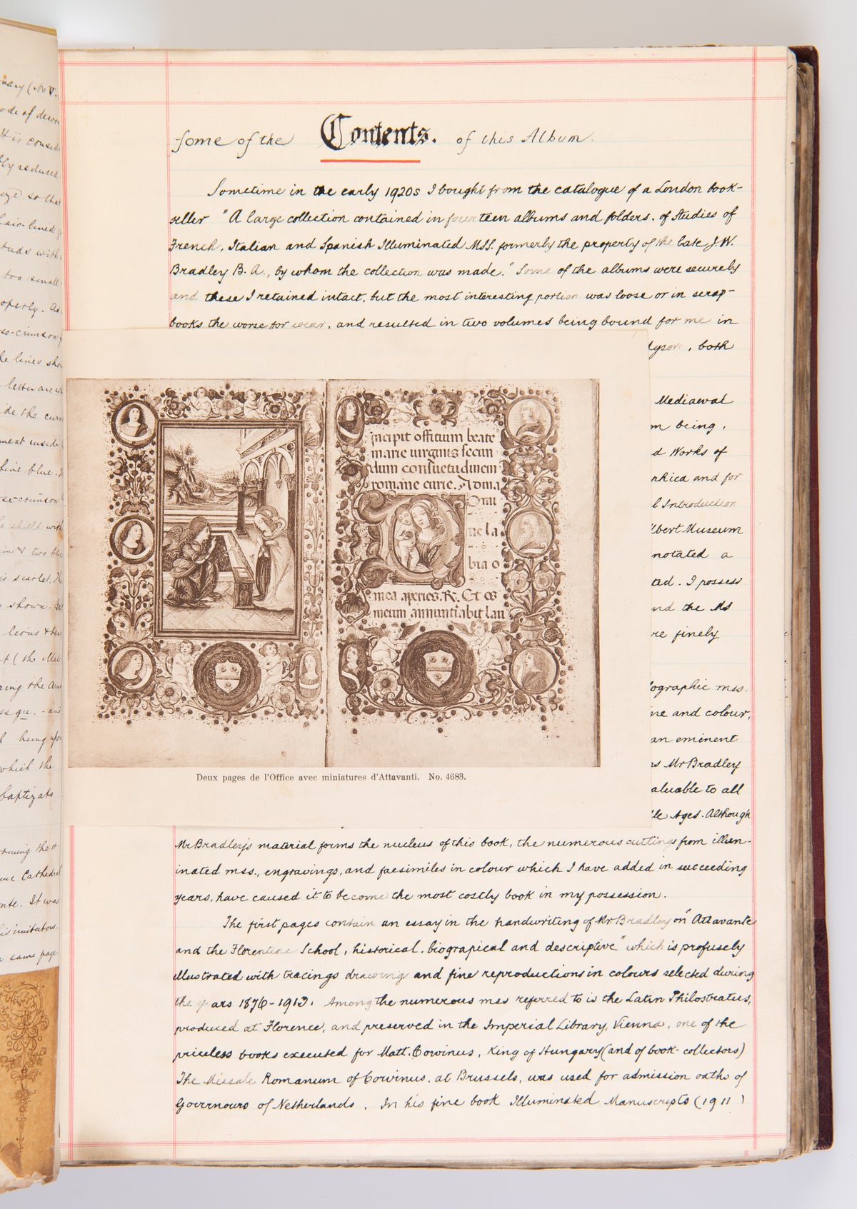 A large album compiled by William Charles Fewtrell of the writing & notes of J. W. Bradley 'On Attavante & The Florentine School of Miniature', accompanied by numerous drawings, watercolours, photographs and cuttings.
