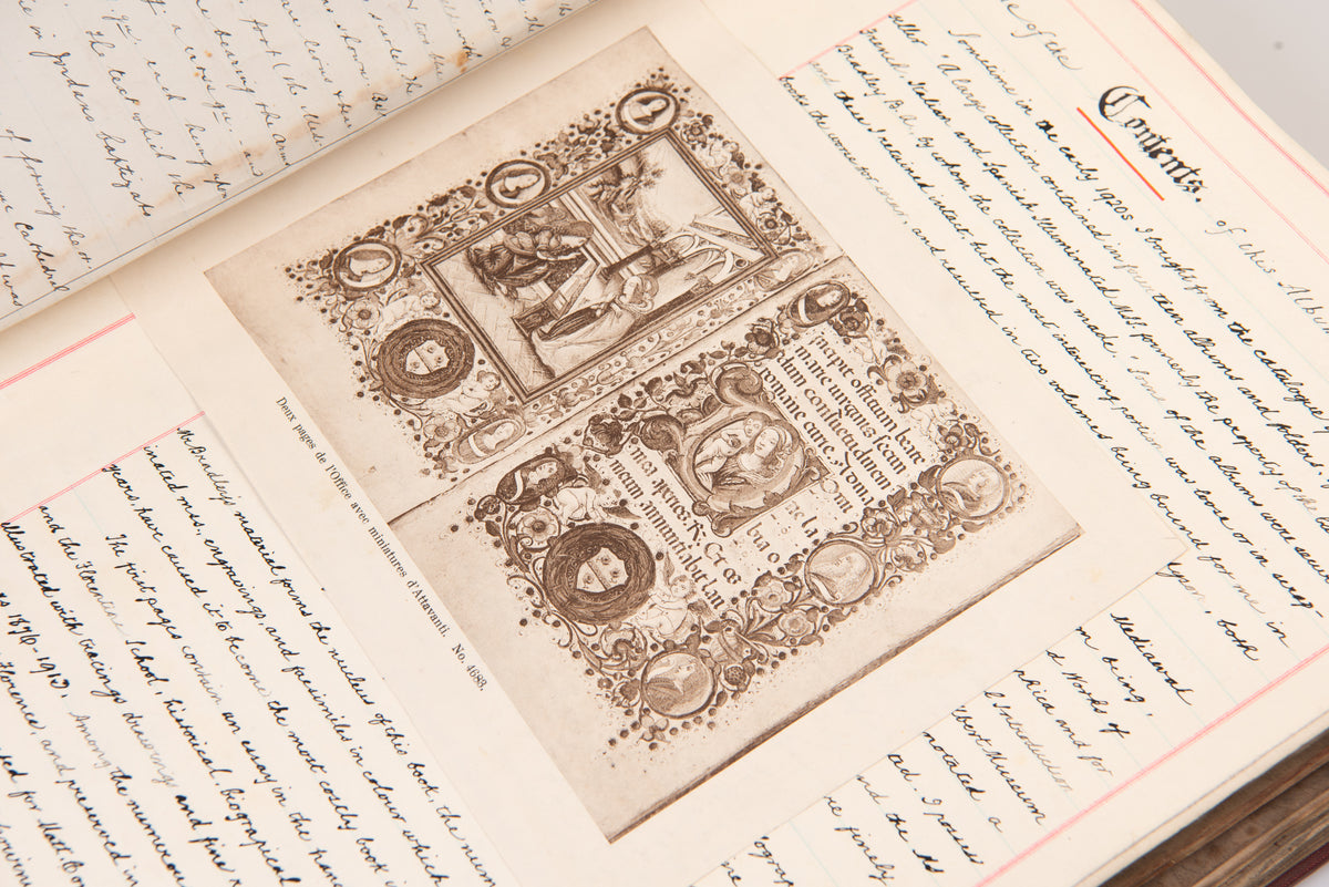 A large album compiled by William Charles Fewtrell of the writing & notes of J. W. Bradley 'On Attavante & The Florentine School of Miniature', accompanied by numerous drawings, watercolours, photographs and cuttings.