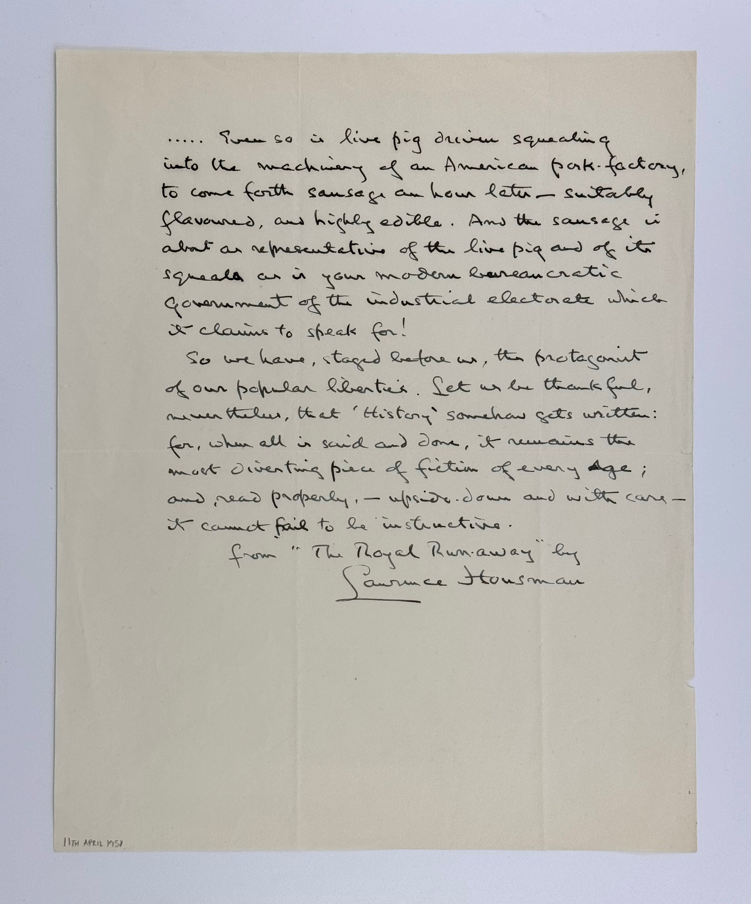 Lengthy autograph self-quotation, signed, from The Royal Runaway,