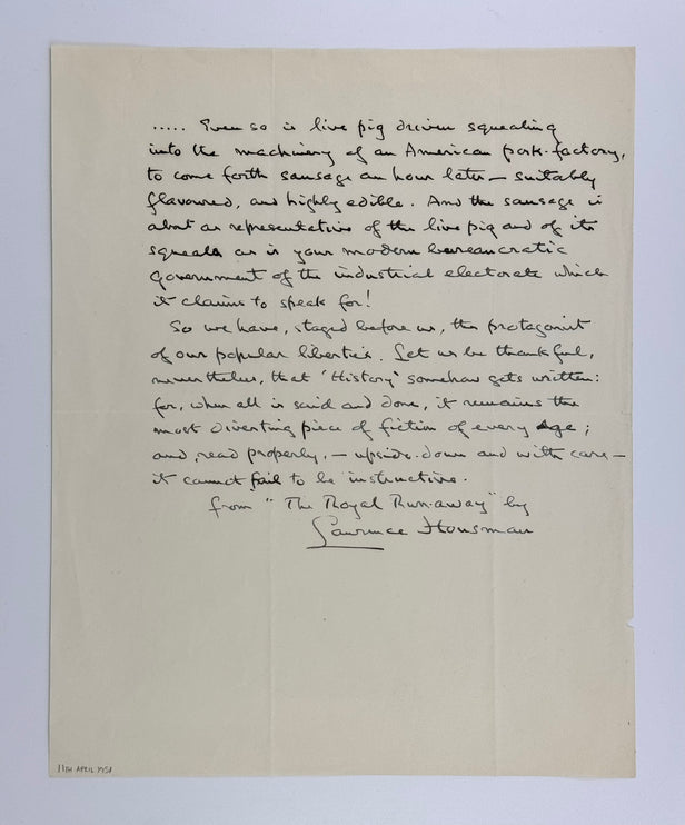 Lengthy autograph self-quotation, signed, from The Royal Runaway,