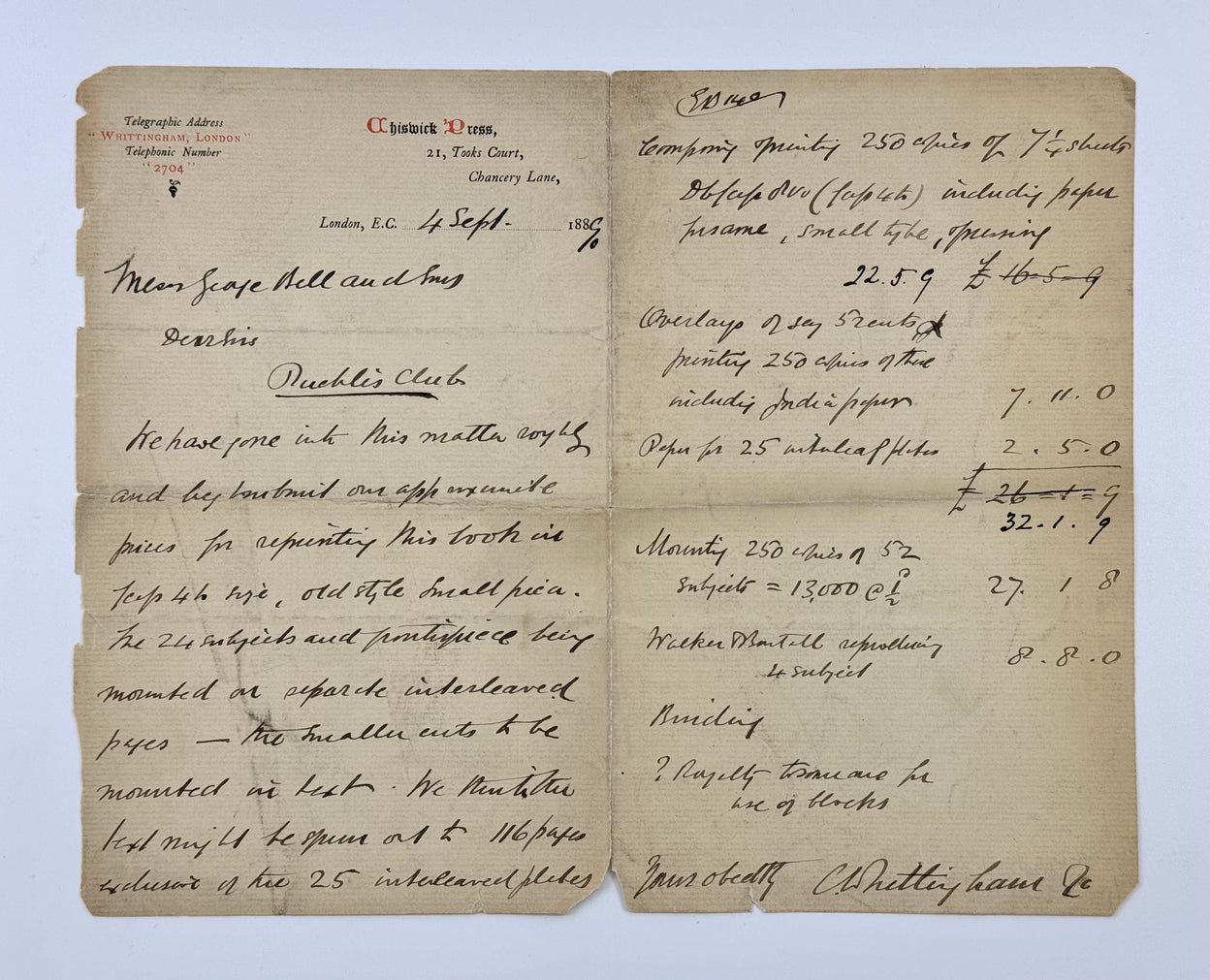 Manuscript Letter, Signed “Charles Whittingham and Co.”