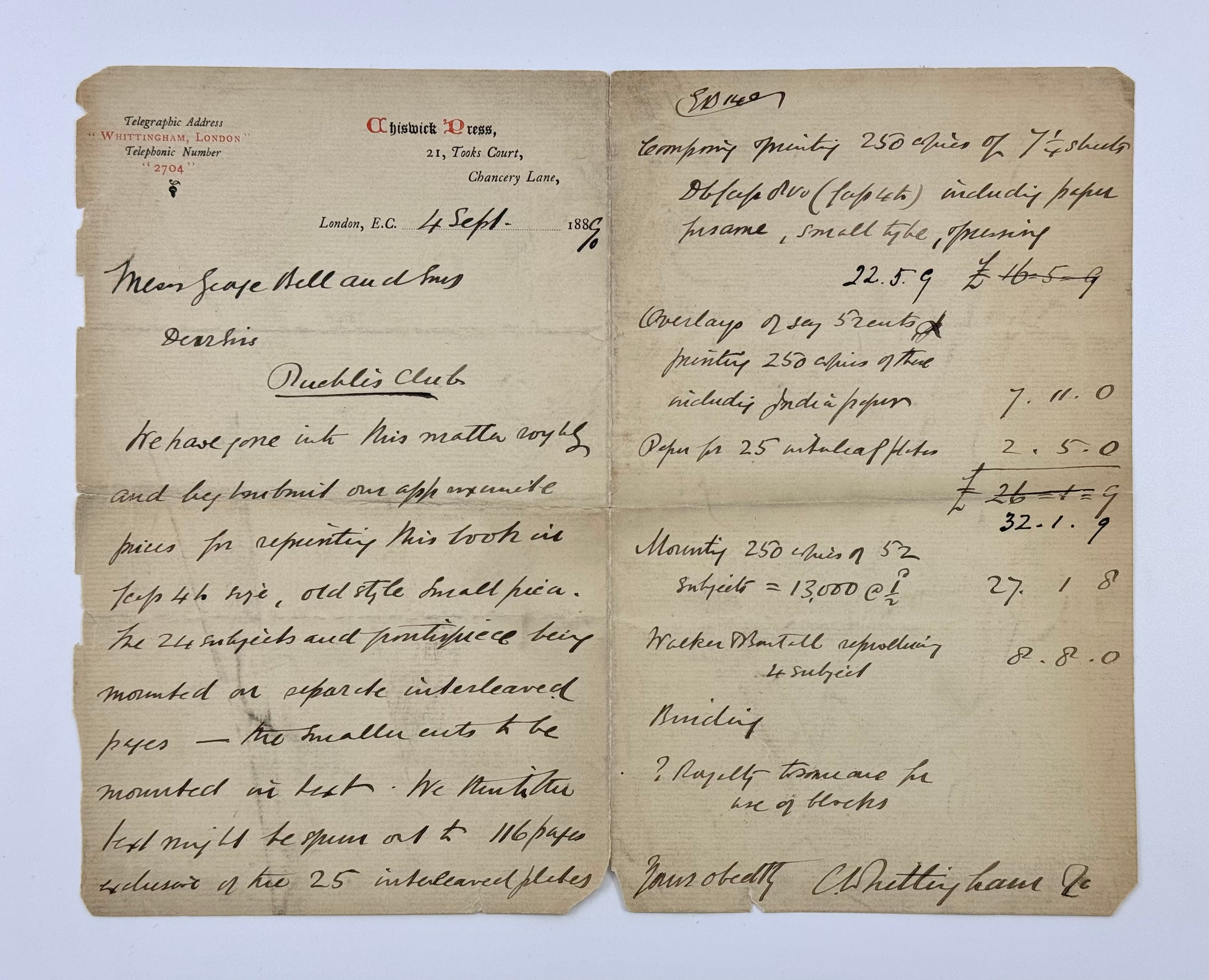 Manuscript Letter, Signed “Charles Whittingham and Co.”