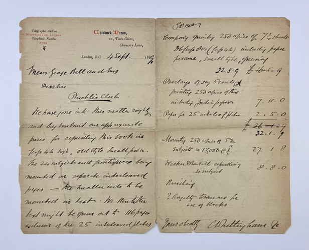 Manuscript Letter, Signed “Charles Whittingham and Co.”