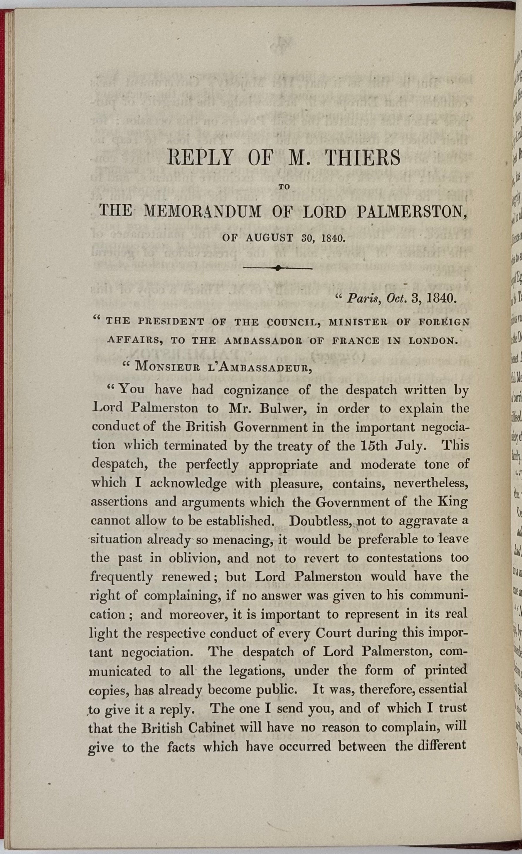 Letter from Lord Palmerston to M. Thiers, dated foreign office August 31, 1840. Reply of M. Thiers to Lord Palmerston, dated Paris, October 3, 1840.