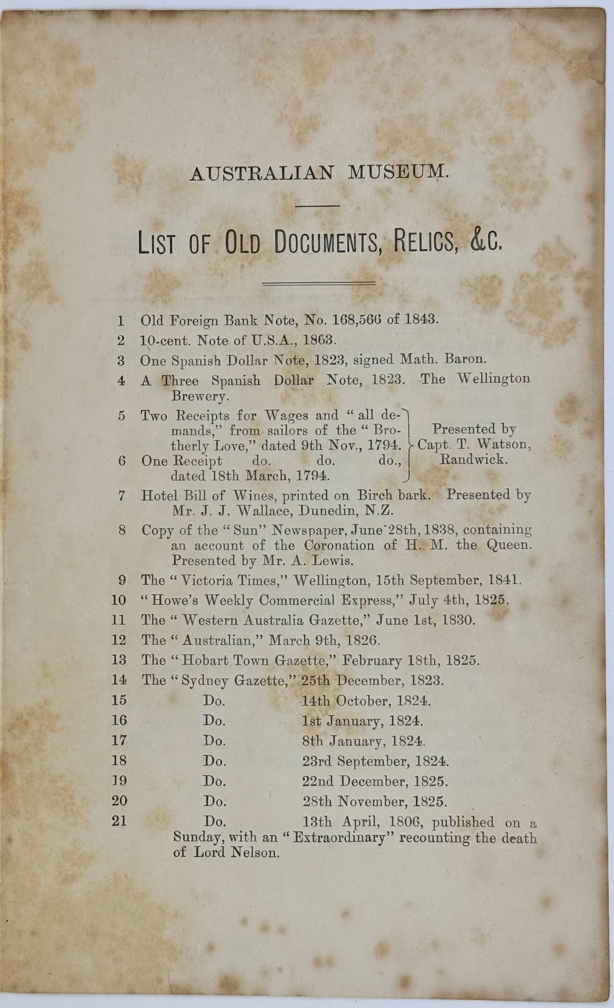 List of Documents and Relics in the Australian Museum.