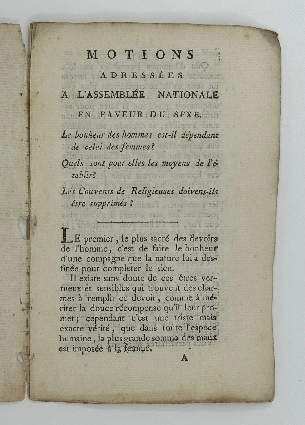 Motions Adressées à l'Assemblée Nationale en Faveur du Sexe.