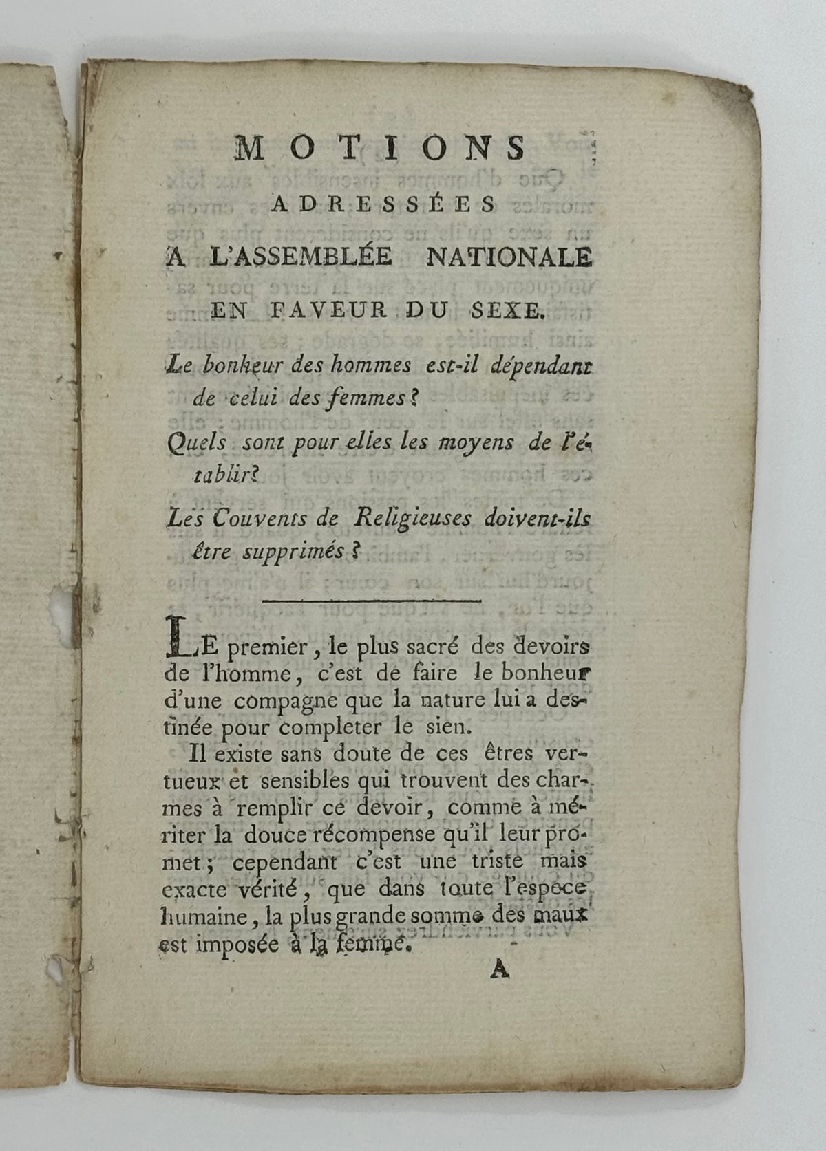 Motions Adressées à l'Assemblée Nationale en Faveur du Sexe.