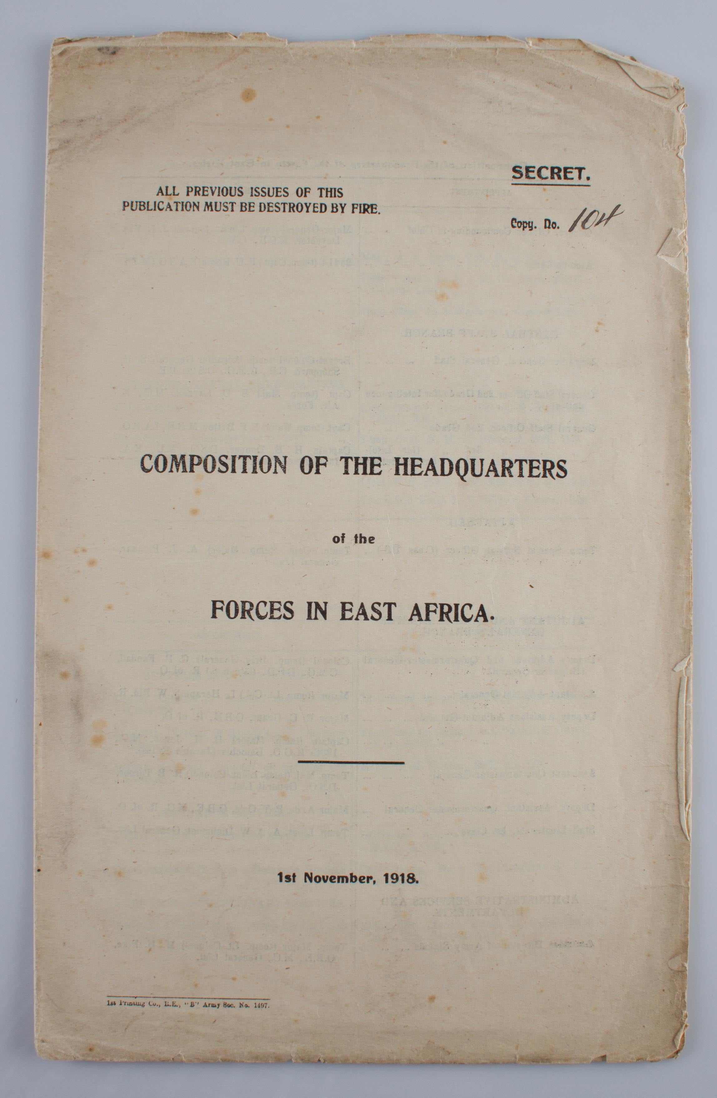 Composition of the Headquarters of the Forces in East Africa.