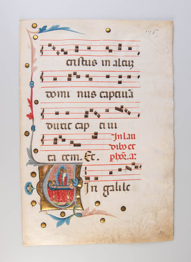 The Dormition of the Virgin, in a historiated initial on a very large leaf from an Antiphonary, in Latin, illuminated manuscript on vellum. 
[Italy (Venice), mid to late 14th century]