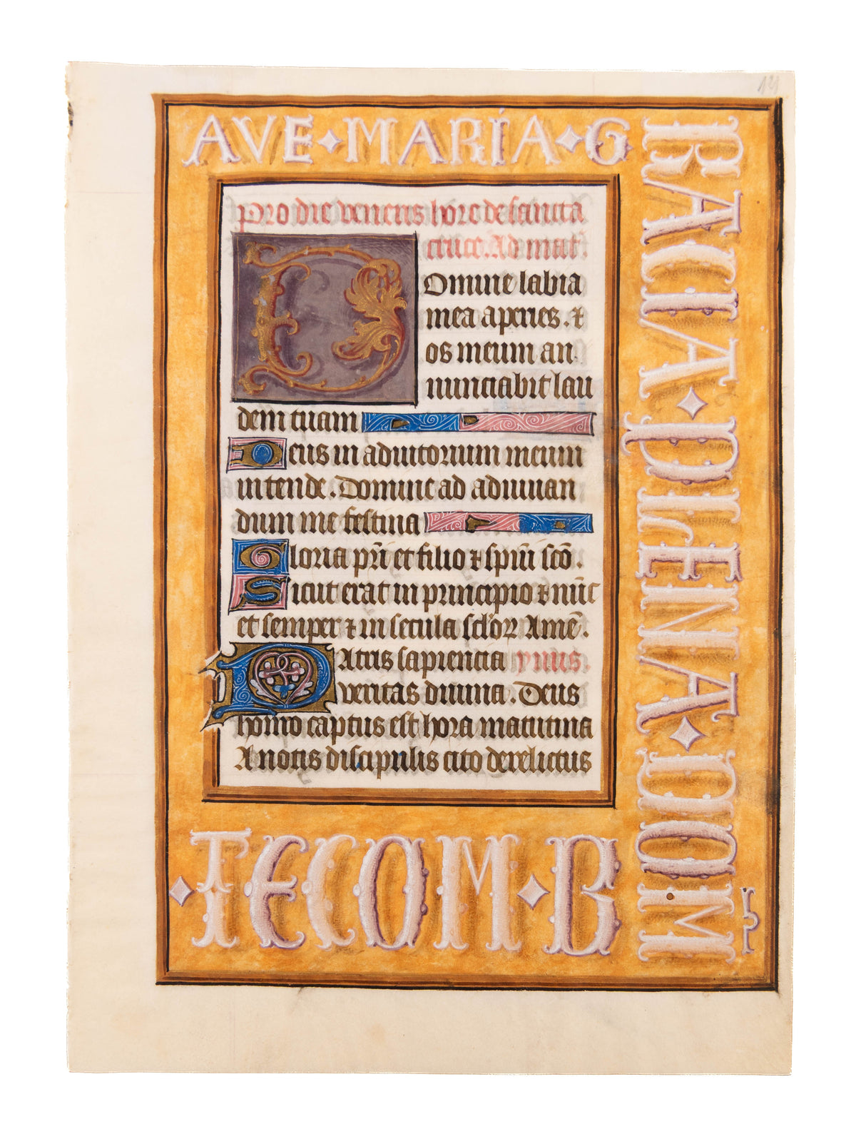 Leaf with textual 'Ave Maria' border from a Book of Hours, Use of Rome.