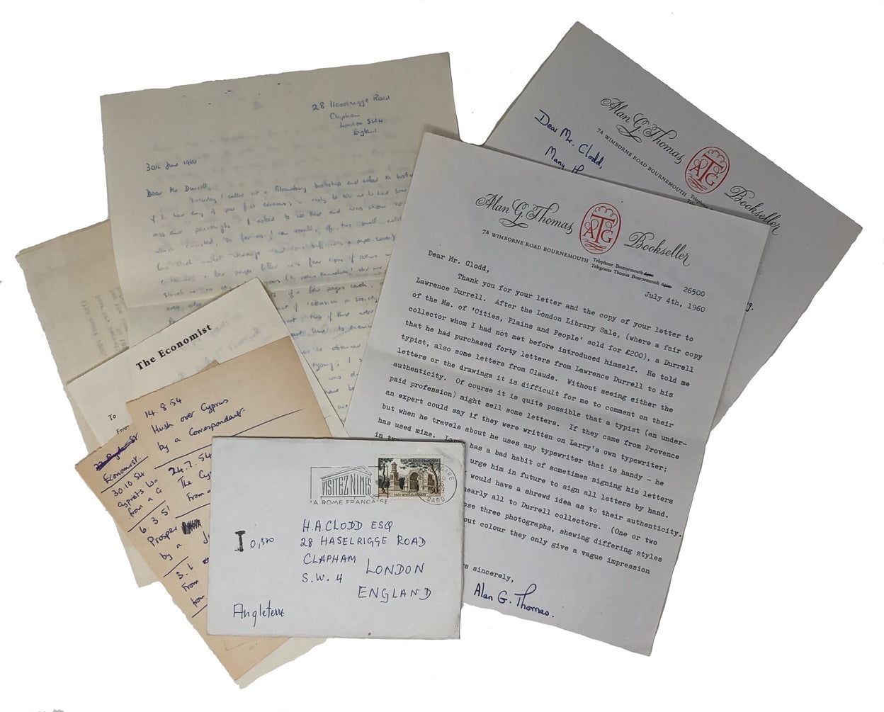 Two Typed Postcards and Two Letters to Alan Clodd, the publisher, dealer, and book collector. One postcard signed 