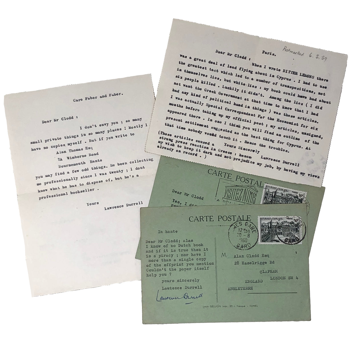 Two Typed Postcards and Two Letters to Alan Clodd, the publisher, dealer, and book collector. One postcard signed 