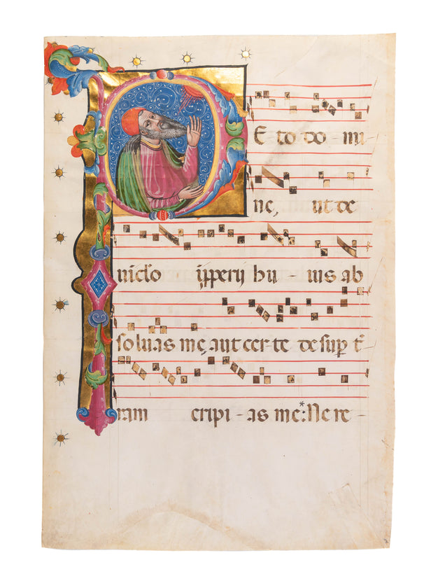 The Old Testament Prophet Tobit, in a large historiated initial on a leaf from a very large Antiphonary, in Latin, illuminated manuscript on vellum
[Italy (Bologna or Ferrara?), mid 15th century]