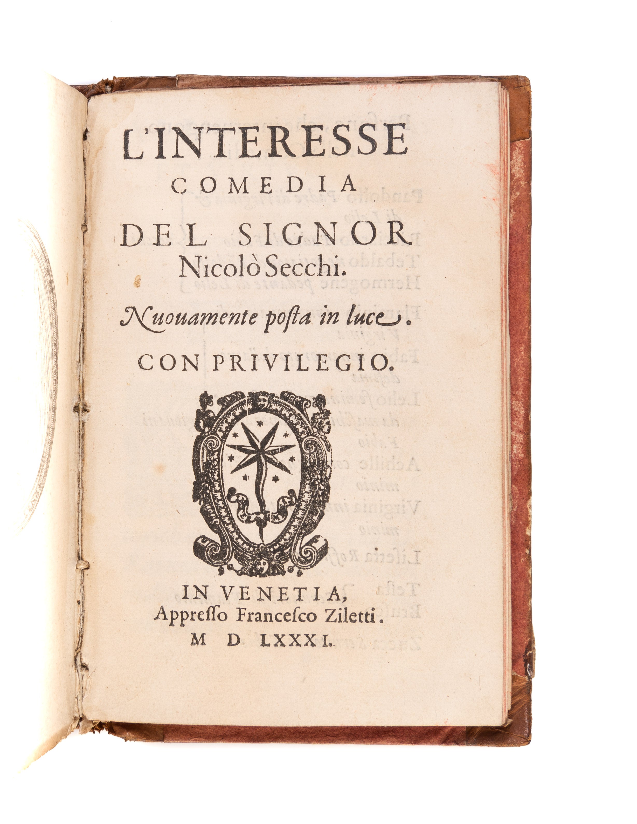 FIRENZUOLA (Agnolo). I lucidi. Florence, 1552.
[Bound with]:DOLCE (Lodovico). Il ragazzo. Venice, Francesco detto lo Imperador, 1559.
[And]: PINO DA CAGLI (Bernardino). Gli ingiusti sdegni. Venice, Domenico Farri, 1563.
[And]: SECCHI (Nicolo). L'interesse