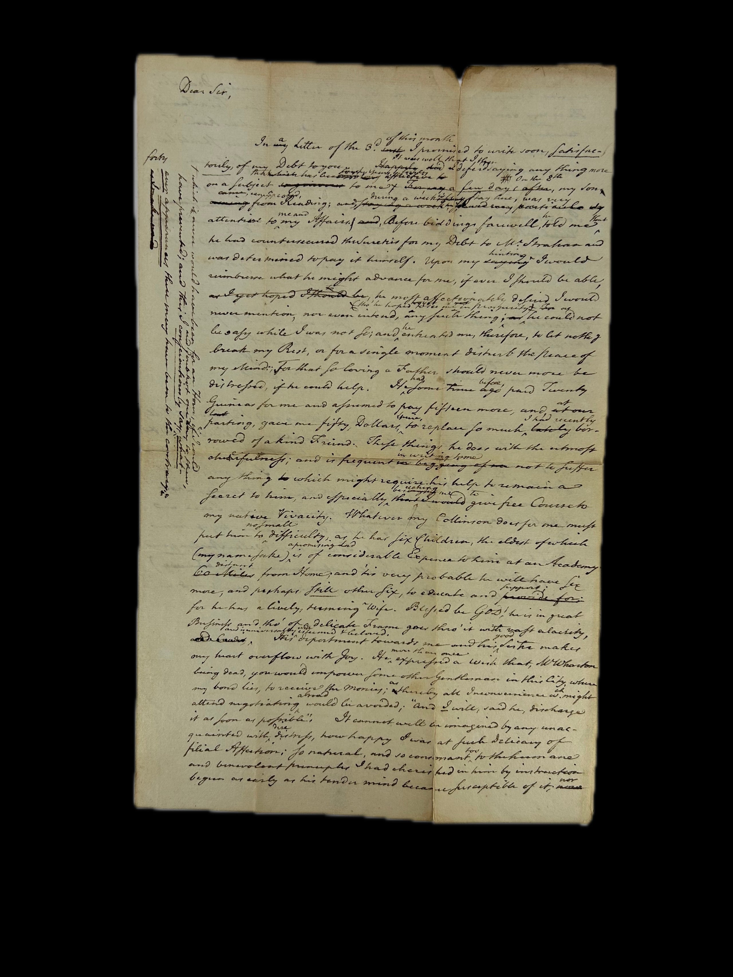 Working draft of a letter to William Strahan (1715-1785).